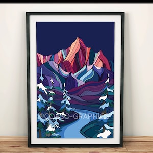 8x10 Art Print on Paper Winter Night Trees Snow Wall Art Alaska Mountain Art alaskan artist alaska Colorful artwork nature scene