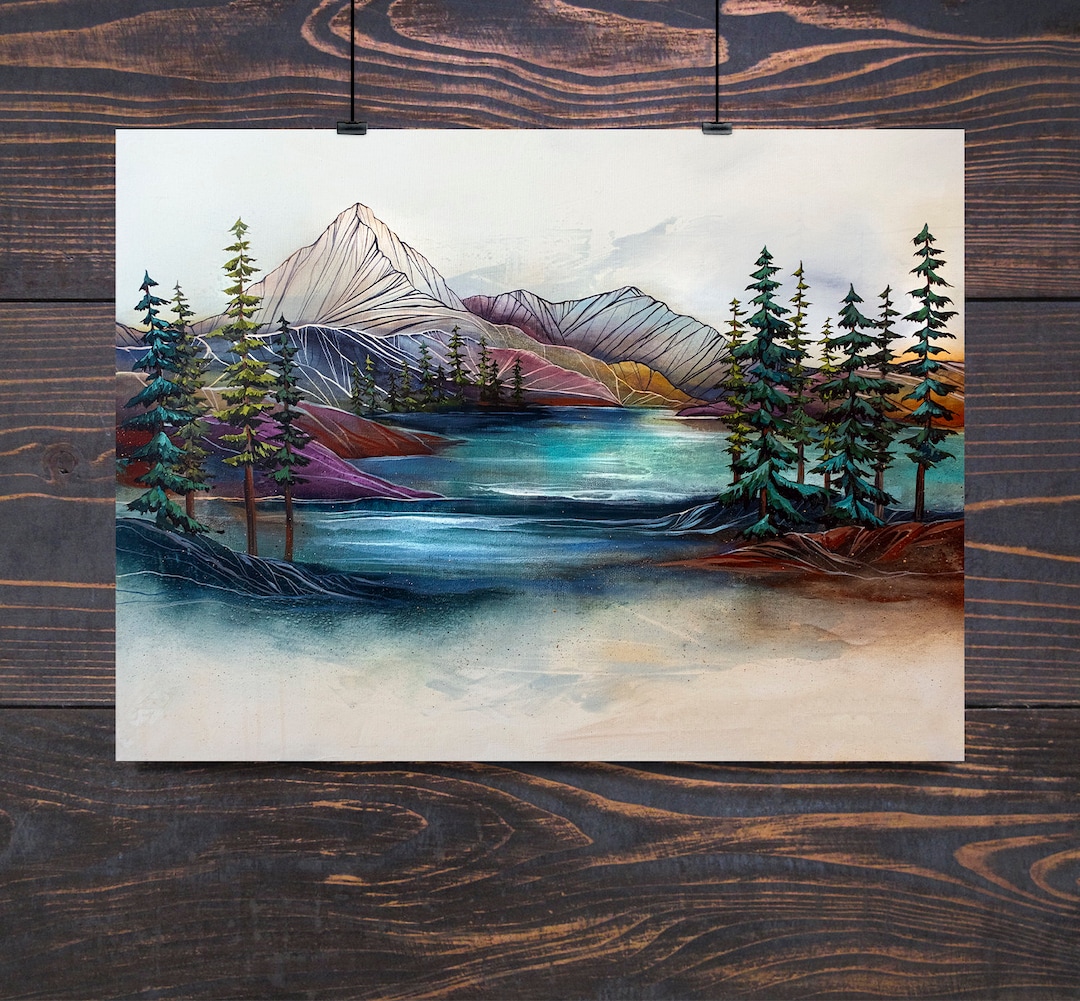 Rainbow Hills Alaskan wall art decor Birch tree pastel sky alaska paper birch alaska lake river mountains colorful artwork