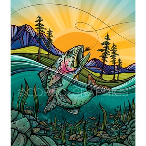 Life on the fly Midnight Sun rainbow trout fishing fly line alaska alaskan art artwork colorful fish lake art print