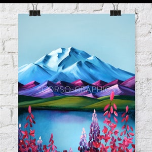 8x10 Art Print on Paper Denali Fireweed Alaska Mountain Art alaskan artist alaska Colorful artwork nature scene