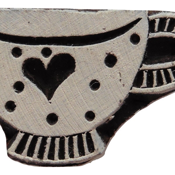 Fair Trade 5.2 x 3.2cm Tea Cup Heart Design Carved Indian Wooden Printing Block Stamp