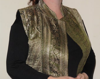 Fair Trade Hippie Boho Fleece Lined Recycled Indian Sari Brocade Waistcoat Green