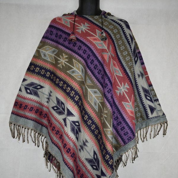 Fair Trade V-Shape Hooded Wild West Cowboy Festival Poncho Soft Snug Acrylic Wool