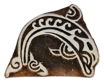 Sello de madera con diseño de delfín junto al mar, tallado a mano, bloque de impresión indio, 5,5 cm x 4,3 cm