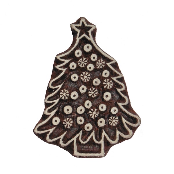 Fair Trade 5 x 6.5cm Christmas Tree Design Hand Carved Indian Wooden Printing Block Stamp