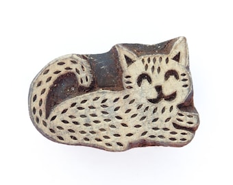 Sello de madera tallada con diseño de gato, comercio justo, 5,4 x 3,7 cm, de la India.