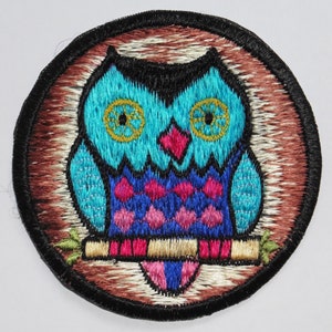 May include: A colourful embroidered owl patch with blue, pink and yellow accents. The owl is perched on a branch with green leaves. The patch is circular and has a brown background.