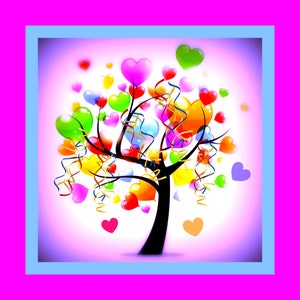 May include: A colorful heart-shaped balloon tree with pink, red, orange, yellow, green, and blue balloons. The tree is decorated with gold and blue streamers.