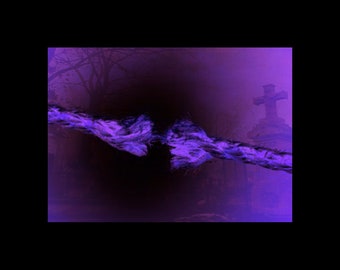 May include: A purple and black abstract image with a blurry background of a cross in a graveyard.