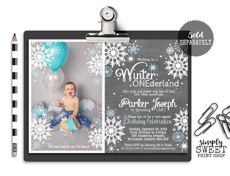 First Birthday Chalkboard Poster Boy Winter Onederland Wonderland Poster Customized One Year Sign Blue Chalk White Snowflakes Printable DIY