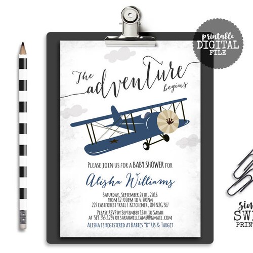 Editable Airplane Baby Shower Invitation Vintage Airplane Blue - Etsy