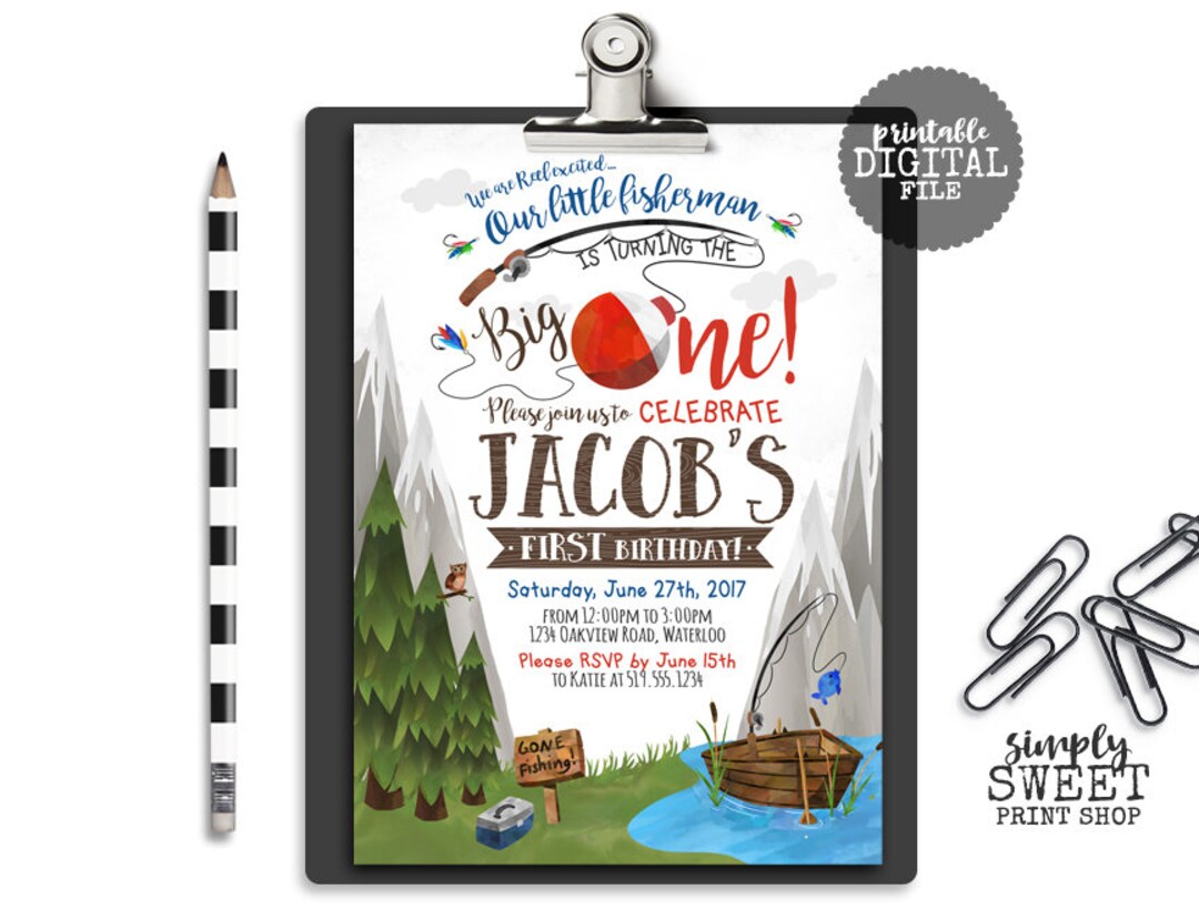 Fishing Birthday Party Invitation Adventure Fisherman Reel Rod Outdoor ...