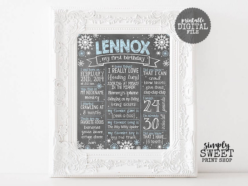 First Birthday Chalkboard Poster Boy Winter Onederland Wonderland Poster Customized One Year Sign Blue Chalk White Snowflakes Printable DIY