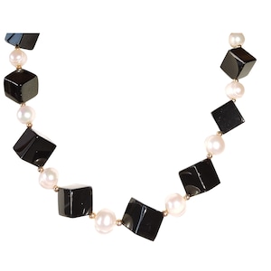 Black Cube-Shaped Onyx with White Potato Pearl Necklace
