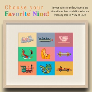May include: A framed illustration of nine different Disney rides and transportation vehicles. The rides include a teacup, a rocket ship, a train, a boat, and an elephant ride. The transportation vehicles include a car, a boat, and a monorail.