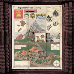 Expedition Everest Guide Map, inspired by Disney's Animal Kingdom. Depicts village of Serka Zong and Forbidden Mountain. Available as paper print or on metal or canvas in a variety of sizes.