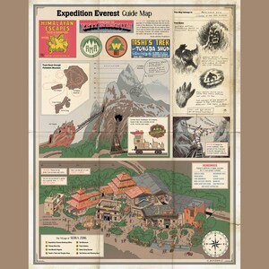 May include: A vintage-style guide map for the Expedition Everest ride at Disney's Animal Kingdom. The map features a detailed illustration of the ride's layout, including the Yeti Museum, Tashi's Trek, and the village of Serka Zong. The map also includes a compass, elevation chart, and warnings about the dangers of the ride.