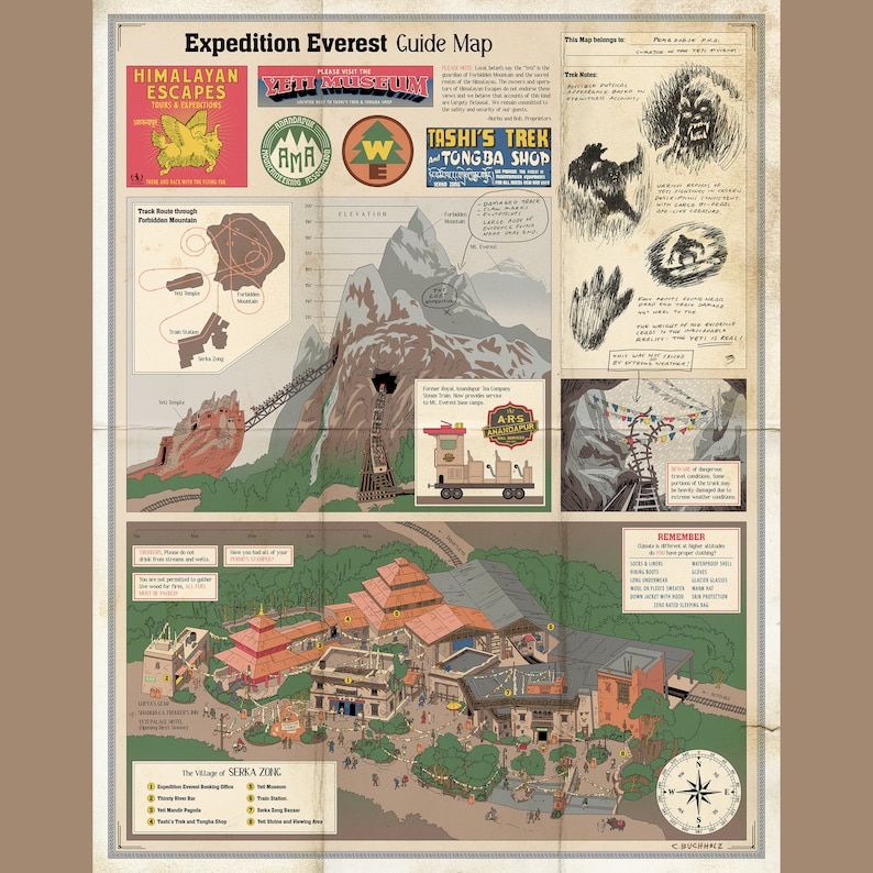 May include: A vintage-style guide map for the Expedition Everest ride at Disney's Animal Kingdom. The map features a detailed illustration of the ride's layout, including the Yeti Museum, Tashi's Trek, and the village of Serka Zong. The map also includes a compass, elevation chart, and warnings about the dangers of the ride.