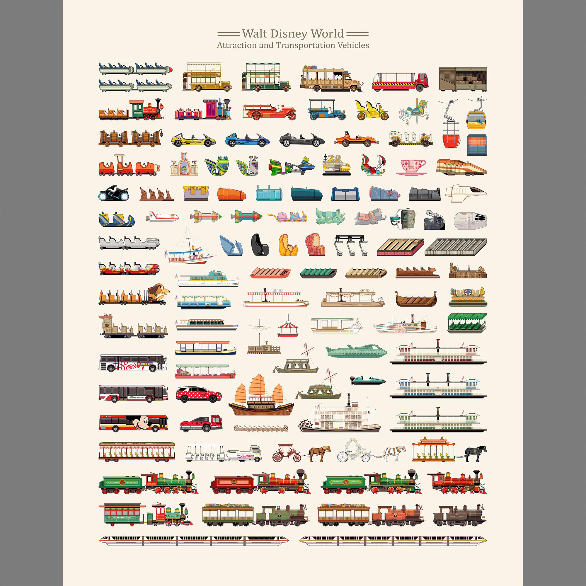 Walt Disney World Attraction and Transportation Vehicles Print