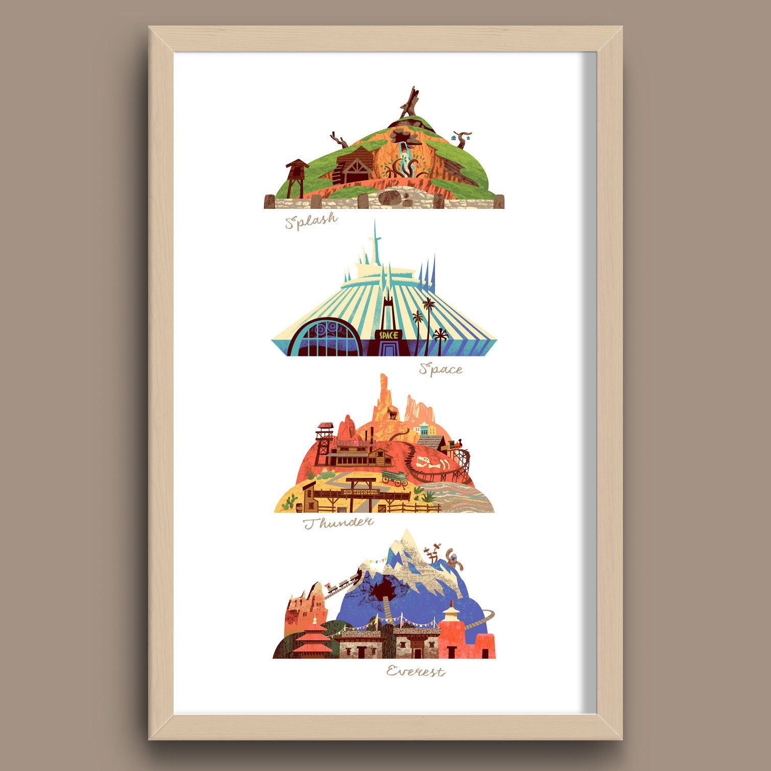 The Disney Mountains Print, Walt Disney World, Splash, Space, Big Thunder,  Everest 