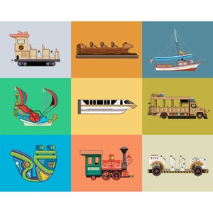 May include: A colorful illustration of nine different types of ride vehicles, including a train, a boat, a bus, and a monorail. The vehicles are all drawn in a cartoon style and are set against a background of different colored squares.