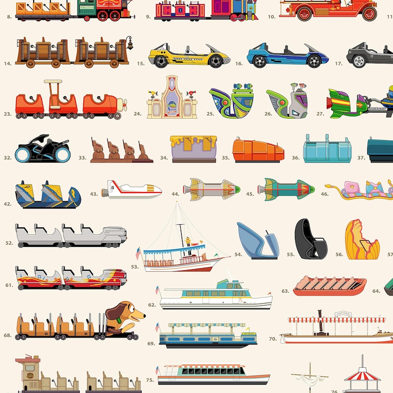 May include: A collection of colorful illustrations of various vehicles, including trains, cars, boats, and amusement park rides. The images are in a cartoon style, with bright colors and simple designs. The vehicles are numbered.