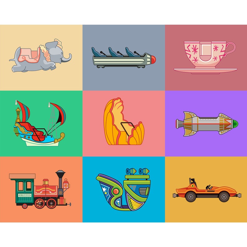 May include: A colorful illustration of nine different carnival rides, including a teacup ride, a rocket ship ride, a train ride, and a pirate ship ride.