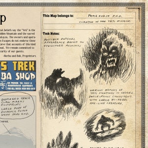 May include: A hand-drawn illustration of a Yeti, a large, hairy, ape-like creature, with the text "Possible Physical Appearance Based on Eyewitness Accounts" and "Various Reports of Yeti Sightings in Cavern. Descriptions Consistent with Large Bi-Pedal Ape-like Creature."