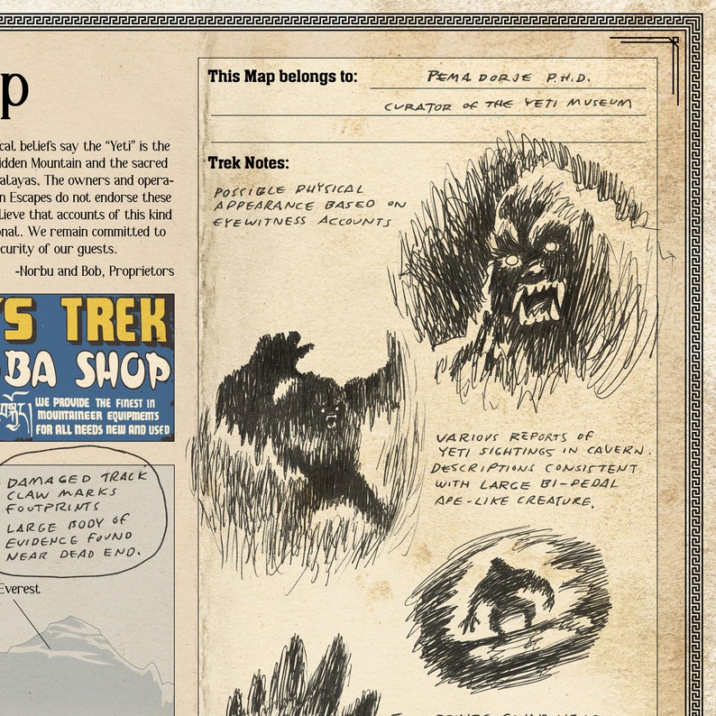 May include: A hand-drawn illustration of a Yeti, a large, hairy, ape-like creature, with the text "Possible Physical Appearance Based on Eyewitness Accounts" and "Various Reports of Yeti Sightings in Cavern. Descriptions Consistent with Large Bi-Pedal Ape-like Creature."