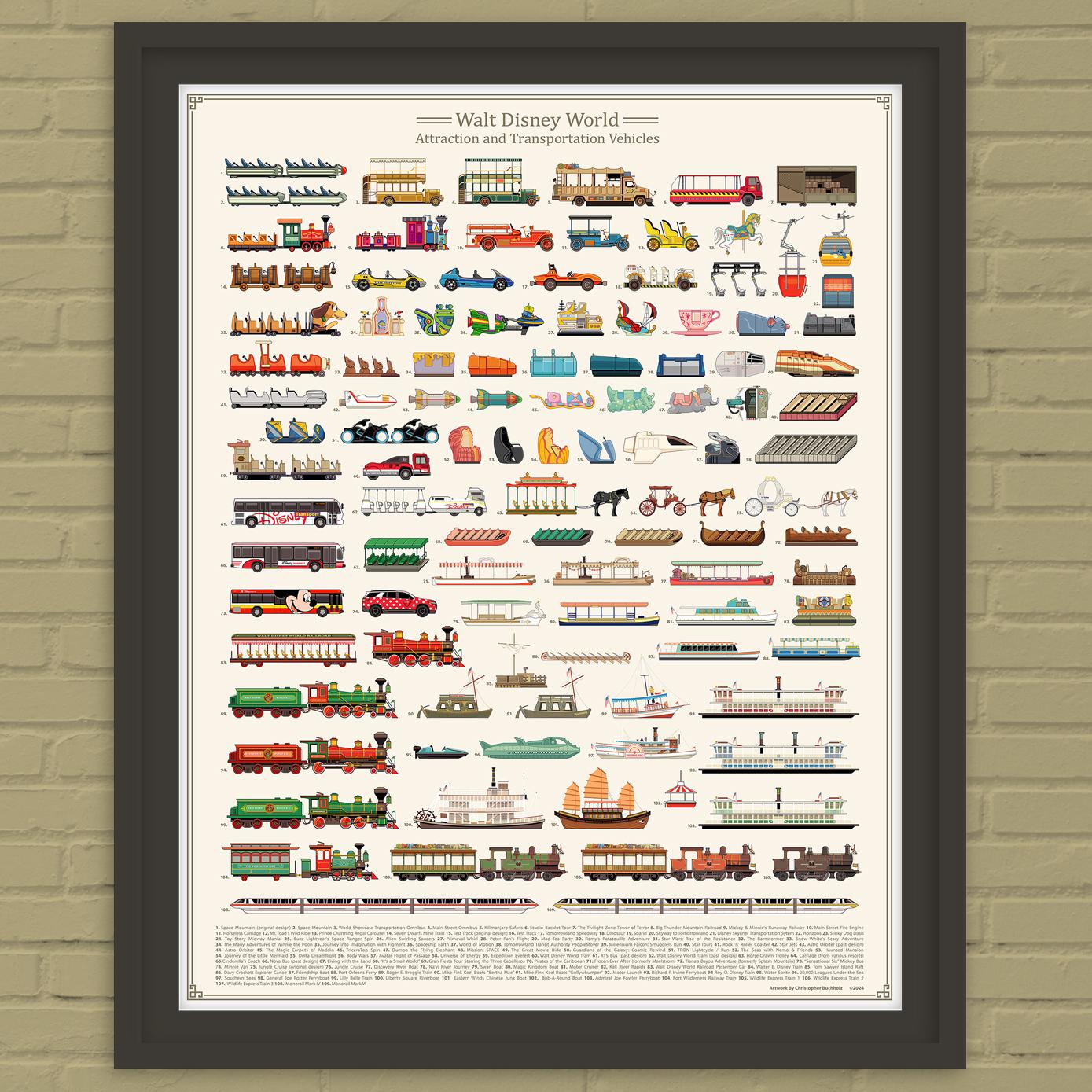 Walt Disney World Attraction and Transportation Vehicles Print with Vehicle Names
