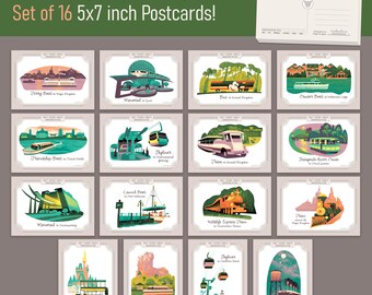 Set of 16 5x7 inch Walt Disney World Transportation Postcards
