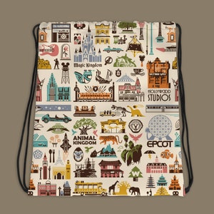 May include: A white drawstring bag with a colorful pattern of Disney World icons, including the Magic Kingdom castle, Spaceship Earth, and the Hollywood Studios logo. The bag features the text "Magic Kingdom", "Hollywood Studios", "Animal Kingdom", and "EPCOT".