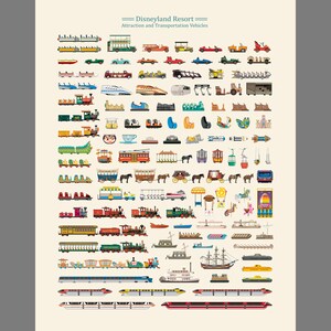 May include: A colorful illustration of various Disneyland Resort attraction and transportation vehicles, including trains, cars, boats, and a monorail. The vehicles are arranged in rows and are all in different colors and styles.