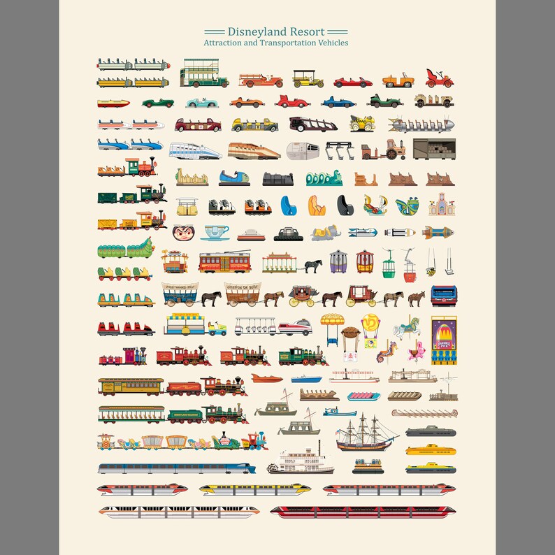 May include: A colorful illustration of various Disneyland Resort attraction and transportation vehicles, including trains, cars, boats, and a monorail. The vehicles are arranged in rows and are all in different colors and styles.