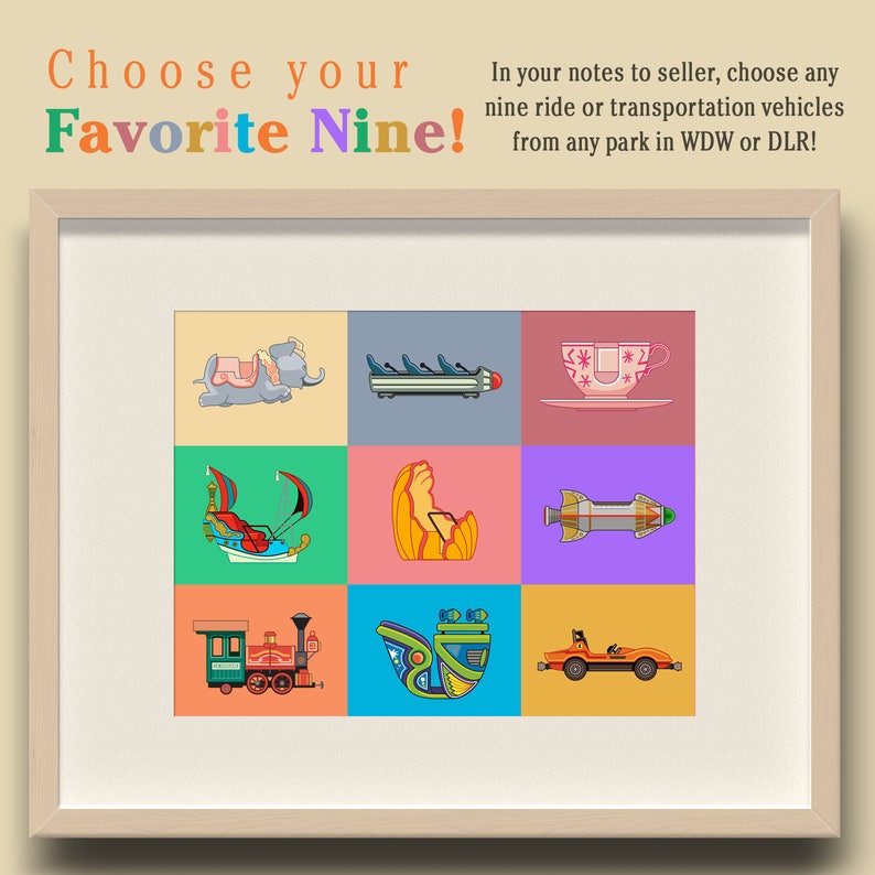 May include: A framed illustration of nine different Disney rides and transportation vehicles. The rides include a teacup, a rocket ship, a train, a boat, and an elephant ride. The transportation vehicles include a car, a boat, and a monorail.