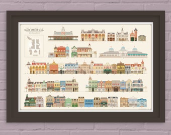 The Buildings of Main Street Walt Disney World Print with Numbered Buildings and Map