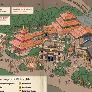 May include: A hand-drawn map of the village of Serka Zong, Nepal, with numbered locations for the Everest Booking Office, Yeti Museum, Train Station, and Serka Zong Bazaar. The map is surrounded by a green forest and includes the text "Have you had all of your PERMITS STAMPED?"