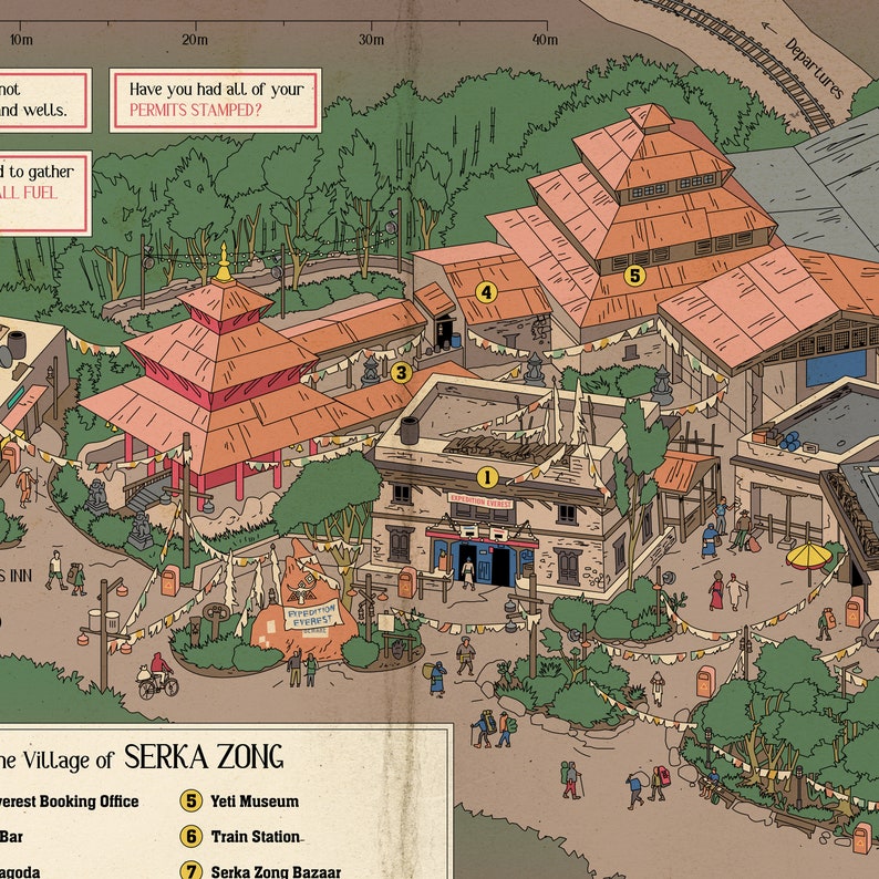 May include: A hand-drawn map of the village of Serka Zong, Nepal, with numbered locations for the Everest Booking Office, Yeti Museum, Train Station, and Serka Zong Bazaar. The map is surrounded by a green forest and includes the text "Have you had all of your PERMITS STAMPED?"