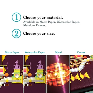 May include: Image showing options for artwork materials: Matte Paper, Watercolor Paper, Metal, and Canvas. Text prompts users to choose material and size. Each material option displays a portion of the same artwork.