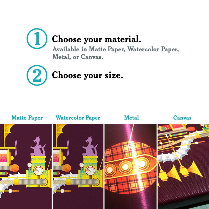 May include: Image showing options for artwork materials: Matte Paper, Watercolor Paper, Metal, and Canvas. Text prompts users to choose material and size. Each material option displays a portion of the same artwork.