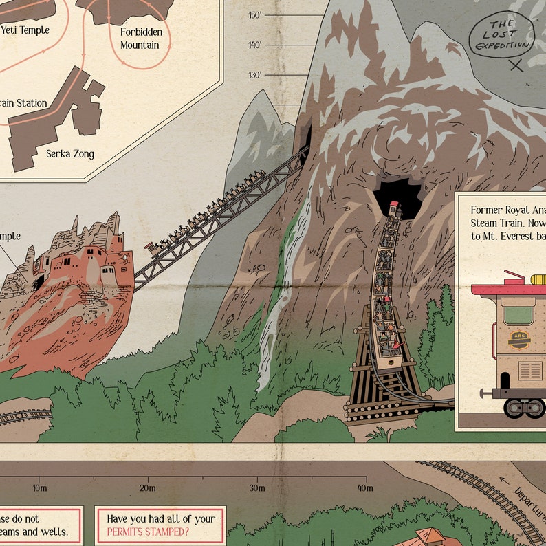 May include: A vintage-style map of a theme park ride with a mountain in the background. The ride is a train that goes up a mountain and through a cave. The map includes text that says "The Lost Expedition" and "Have you had all of your permits stamped?"