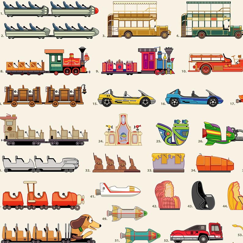 Walt Disney World Attraction and Transportation Vehicles Print Etsy