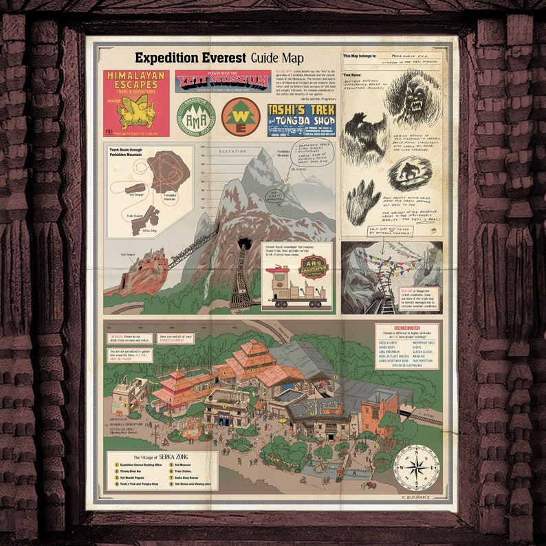 Expedition Everest Guide Map, inspired by Disney's Animal Kingdom. Depicts village of Serka Zong and Forbidden Mountain. Available as paper print or on metal or canvas in a variety of sizes.
