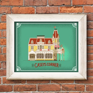 May include: A vintage-style illustration of Casey's Corner, a restaurant at Walt Disney World. The building is yellow with red trim and a green roof. The sign above the entrance reads "Casey's Corner".