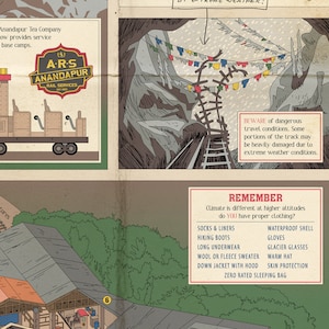 May include: A hand-drawn illustration of a train track winding through a mountain pass. The track is made of wood and metal and is surrounded by rock formations. The illustration is in a cartoon style and features a warning sign that reads "BEWARE of dangerous travel conditions. Some portions of the track may be heavily damaged due to extreme weather conditions."  The illustration also includes a list of recommended clothing for travelers, including socks, liners, hiking boots, long underwear, wool or fleece sweater, down jacket with hood, waterproof shell, gloves, glacier glasses, warm hat, skin protection, and a zero-rated sleeping bag.