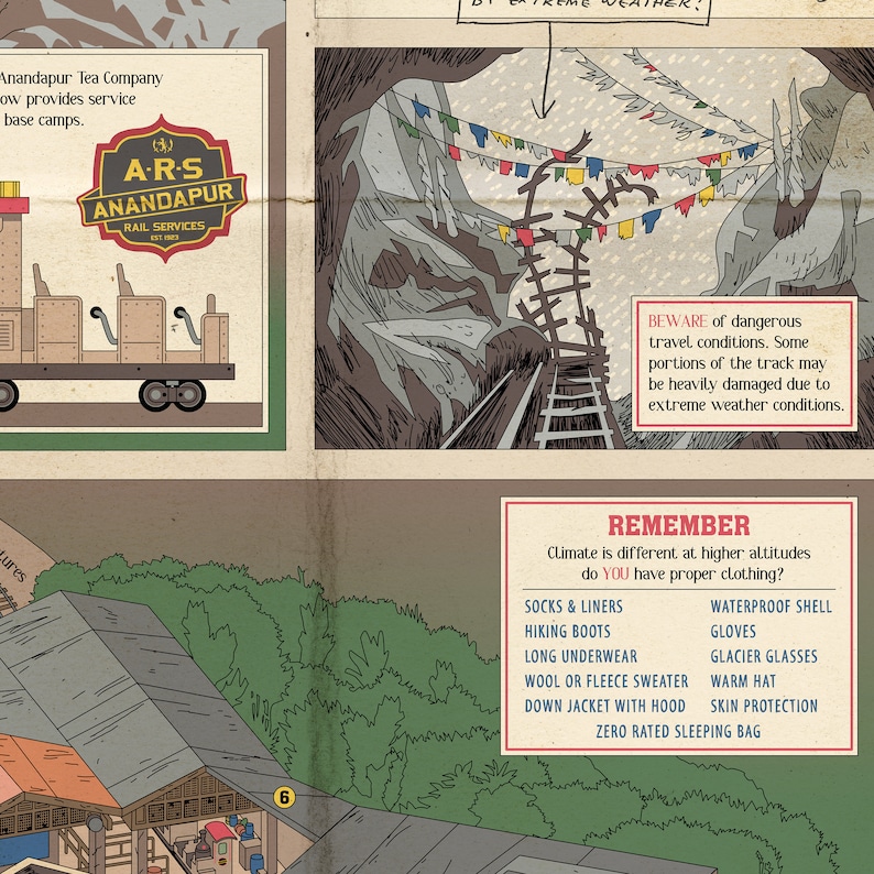 May include: A hand-drawn illustration of a train track winding through a mountain pass. The track is made of wood and metal and is surrounded by rock formations. The illustration is in a cartoon style and features a warning sign that reads "BEWARE of dangerous travel conditions. Some portions of the track may be heavily damaged due to extreme weather conditions."  The illustration also includes a list of recommended clothing for travelers, including socks, liners, hiking boots, long underwear, wool or fleece sweater, down jacket with hood, waterproof shell, gloves, glacier glasses, warm hat, skin protection, and a zero-rated sleeping bag.