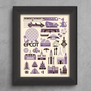 May include: A purple and brown illustrated print of various icons representing the different attractions and landmarks at Epcot, a theme park at Walt Disney World. The print includes the Spaceship Earth, the World Showcase Lagoon, the Test Track ride, and the iconic Epcot logo.