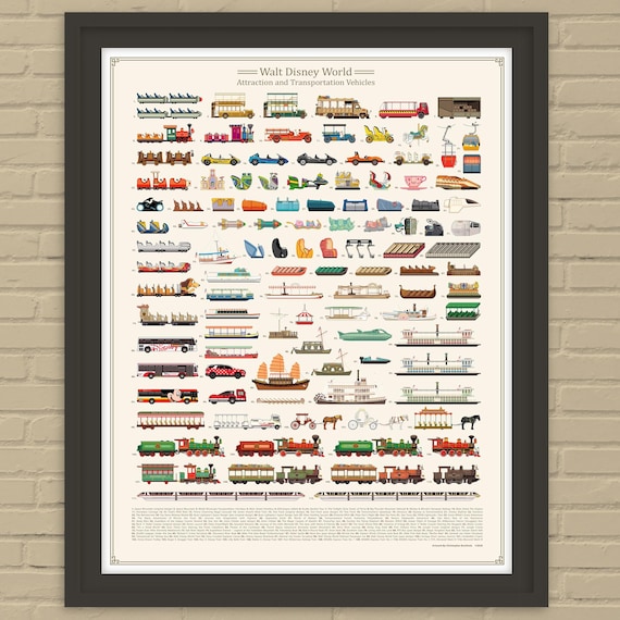 Walt Disney World Attraction and Transportation Vehicles Print with Vehicle Names