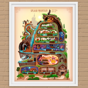 May include: A colorful illustration of Splash Mountain, a popular water ride at Disney theme parks. The image shows a cross-section of the mountain, revealing the different scenes and characters encountered on the ride. The text "You may get wet" is included in the image.