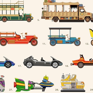 May include: A collection of colorful, cartoon-style vehicles, including a double-decker bus, a fire truck, and various vintage and futuristic cars. The image features a variety of designs, from classic to modern, with a playful aesthetic.